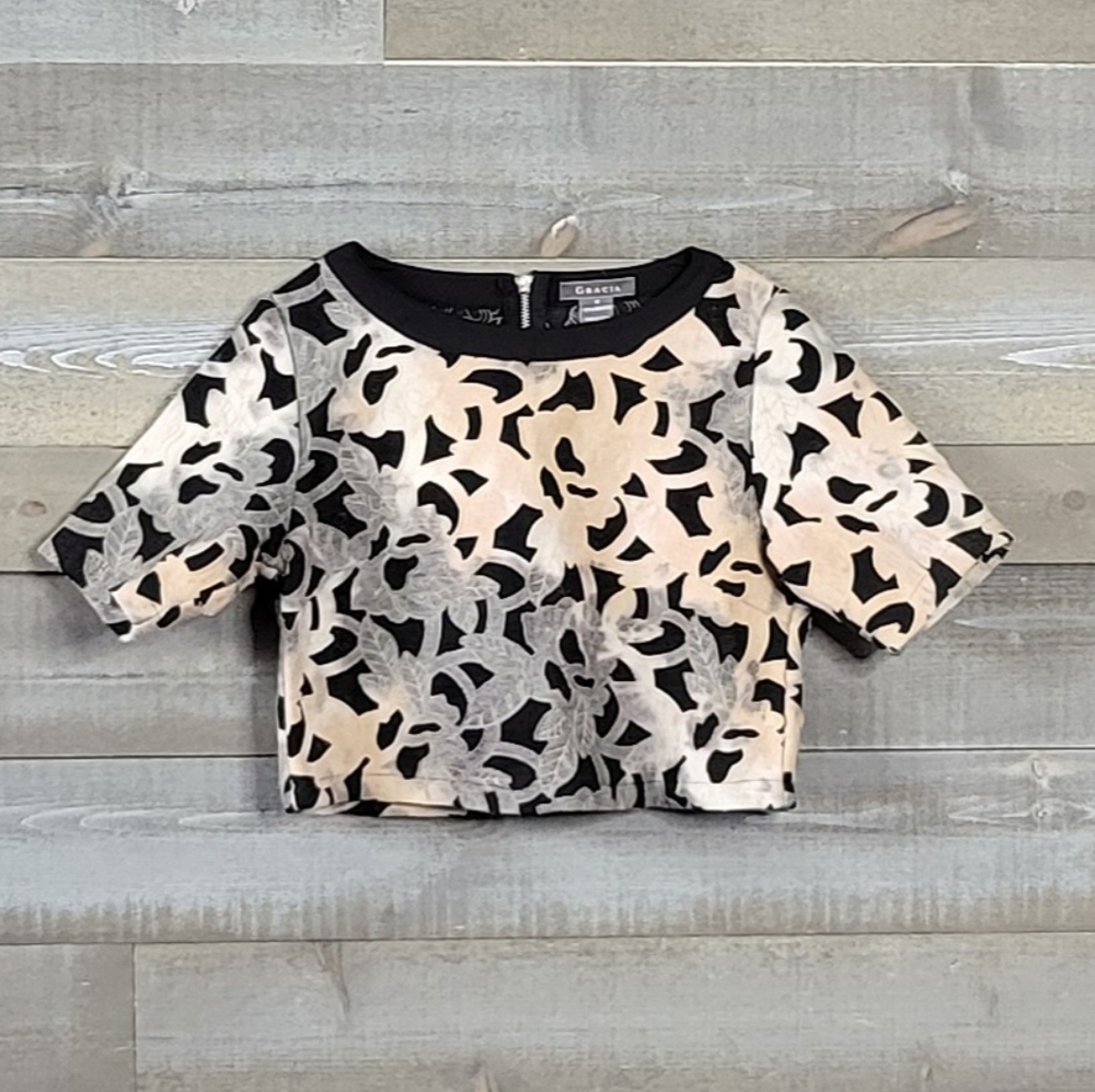 Gracia Mesh Round Neck Black Grey Beige Abstract Print Cropped Top